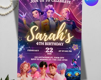 Demon Hunters Invitation Template, Kpop Demon Hunter Birthday, Music Theme Birthday, Teen Girl Birthday Invitation, Digital Download
