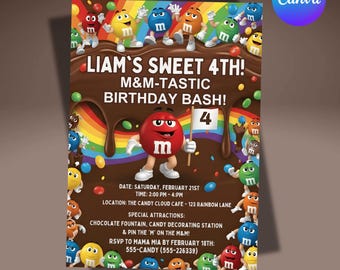 M&M Birthday Invitation, Candy Theme Party Invite, Editable Kids Birthday Invitation, Chocolate Party, Digital Download