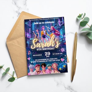 May include: A birthday invitation with the text "Sarah's 6th Birthday." The invitation includes the date, time, and location details. The design showcases animated characters in a futuristic city setting. A brown envelope and a gold pen are also visible.