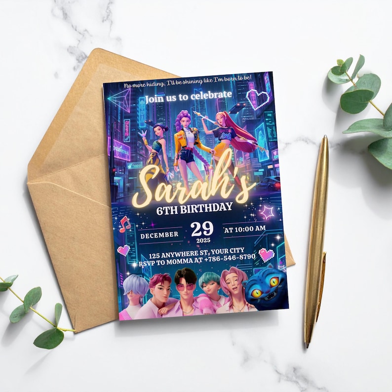 May include: A birthday invitation with the text "Sarah's 6th Birthday." The invitation includes the date, time, and location details. The design showcases animated characters in a futuristic city setting. A brown envelope and a gold pen are also visible.