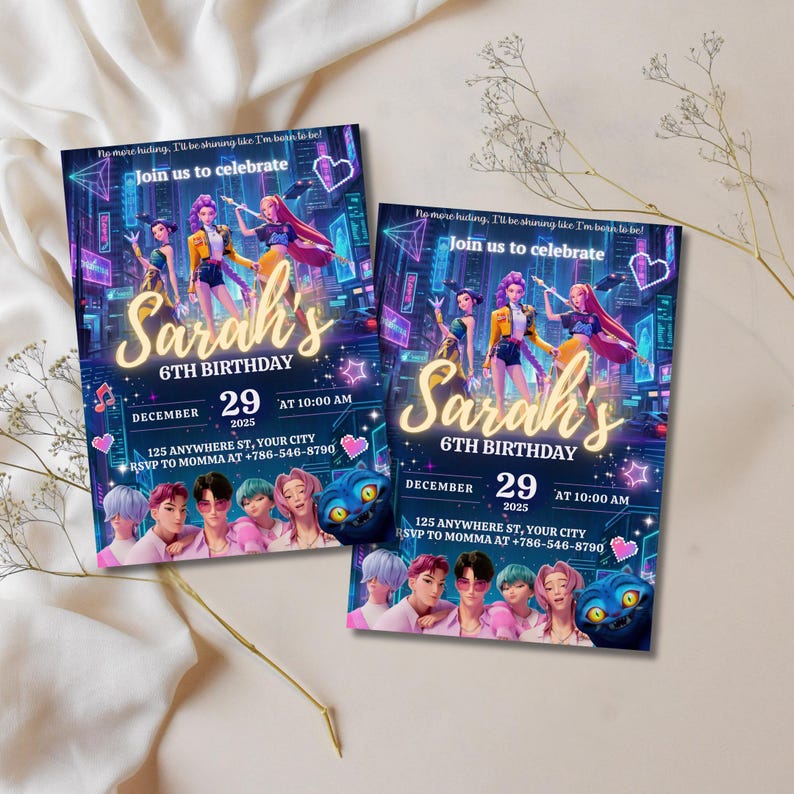 May include: Two birthday party invitations with a futuristic theme. The invitations feature a group of animated characters and the text "Sarah's 6th Birthday" with the date, time, and RSVP information. The background is a cityscape with neon lights.