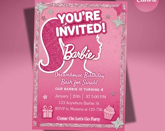 Editable Barbie Birthday Invitation, Pink Barbie Party invitation, Kids Party Invitation, Girl Birthday Invitation, Canva Template Printable
