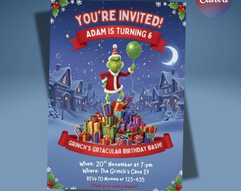 The Grinch Birthday Invitation, Kids Birthday Invitation, Grinch Grtacular Birthday Bash, Digital Download