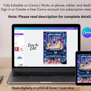 May include: A laptop and tablet show a birthday invitation design, with the text "Sarah's 6th Birthday" and event details. The design is editable in Canva, with the Canva logo visible. Additional text includes "Easy to Edit" and instructions.