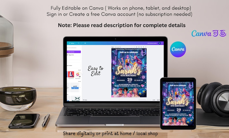 May include: A laptop and tablet show a birthday invitation design, with the text "Sarah's 6th Birthday" and event details. The design is editable in Canva, with the Canva logo visible. Additional text includes "Easy to Edit" and instructions.
