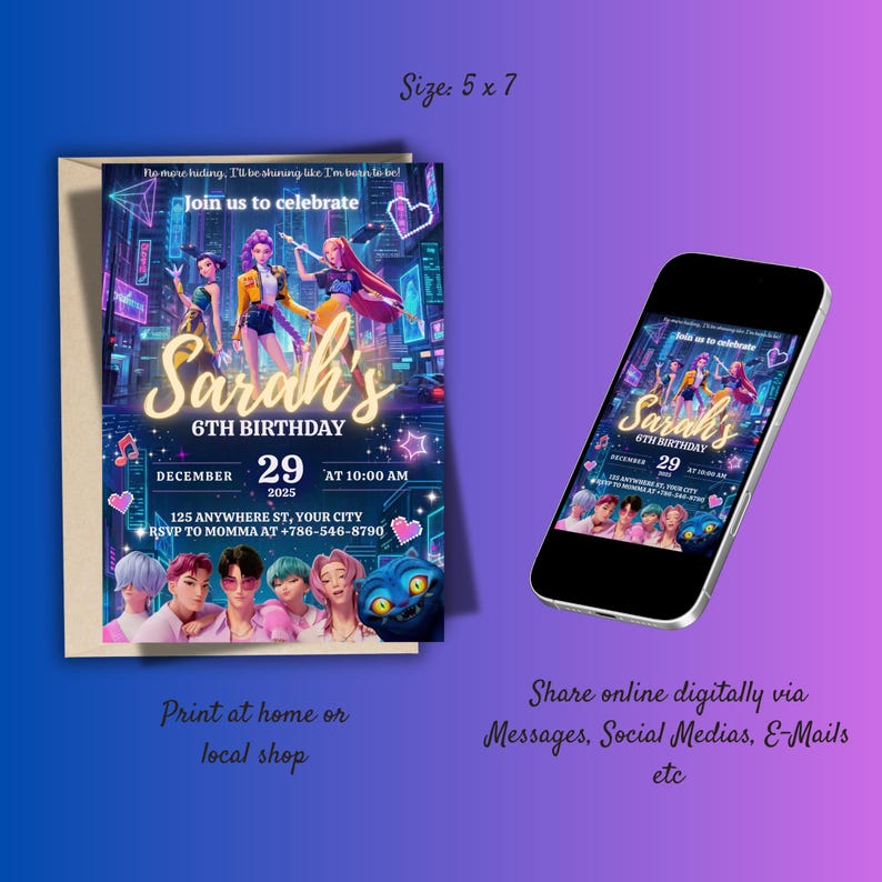 May include: A 12.7 x 17.8 cm birthday invitation with an anime-style design. The invitation reads "Sarah's 6th Birthday" with event details. A smartphone displays the same invitation. The invitation is designed for digital sharing or printing.