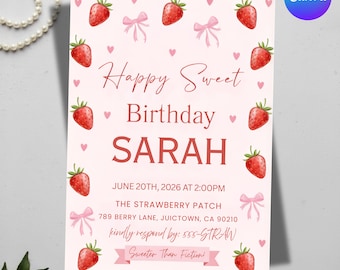 Editable Happy Sweet Birthday Invitation, Strawberry Invitation, Girls Birthday Invitation, Digital Download