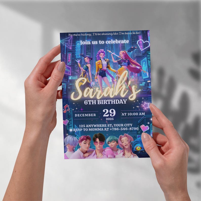 May include: A birthday invitation with a futuristic design. The invitation includes the text "Sarah's 6th Birthday" with the date December 29, 2025, and the time 10:00 AM. The invitation also includes the address and RSVP information.