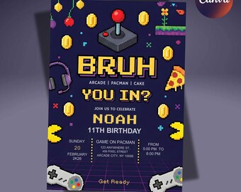 Editable Gamer Birthday Invitation Template, Pixel Arcade Party Invite, Pacman Theme Birthday Invitation, Kids & Teen Birthday Inivtation