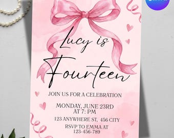 Editable Pink Bow Coquette Invitation Template, Feminine Coquette, Teen Birthday Invitation, Adult Birthday Invitation, Girls Party