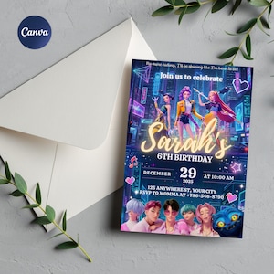 May include: A birthday invitation with a vibrant design featuring animated characters in a futuristic city setting. The invitation includes the text "Sarah's 6th Birthday" with the date, time, and RSVP information. An envelope is in the background.