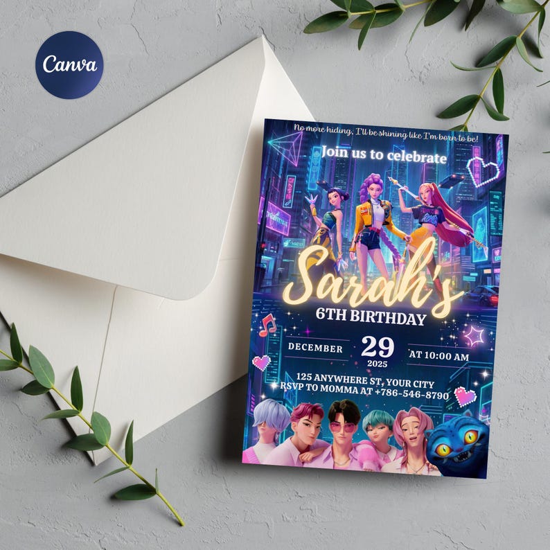 May include: A birthday invitation with a vibrant design featuring animated characters in a futuristic city setting. The invitation includes the text "Sarah's 6th Birthday" with the date, time, and RSVP information. An envelope is in the background.