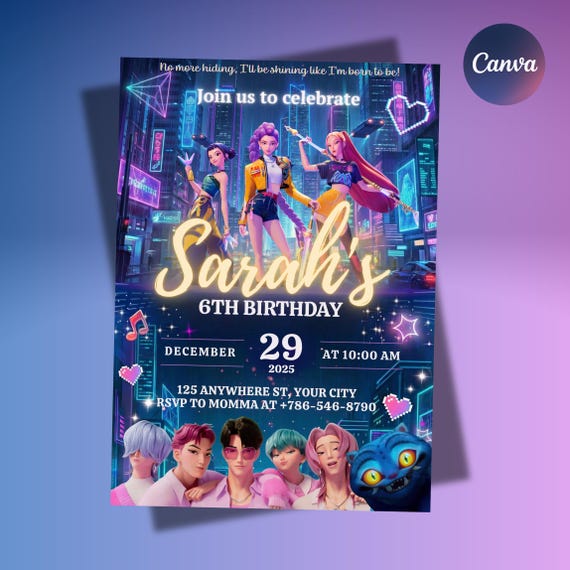KPOP Demon Hunters Birthday invitation, K-pop Warrior Birthday Invitation, Anime Invitation, Editable Canva Template ( Instant Download )