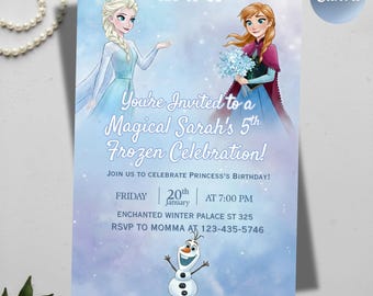 Frozen Birthday Invitation Template, Elsa Anna Princess Winter Theme (Canva Template)