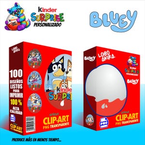 Puede incluir: Dos cajas rojas con la marca "Kinder Surprise" y gráficos de "Bluey". Una caja muestra personajes de Bluey y el texto "100 Diseños Listos para Imprimir". La otra caja muestra una forma de huevo blanco.