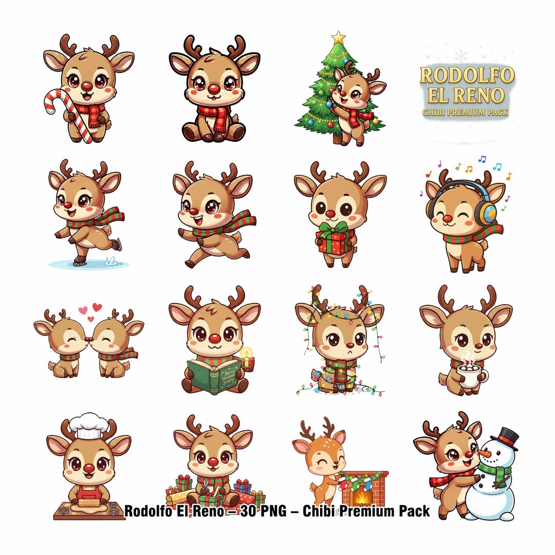 Pack of 30 PNG Chibi Premium Rudolph the Christmas Reindeer S1 Digital ...