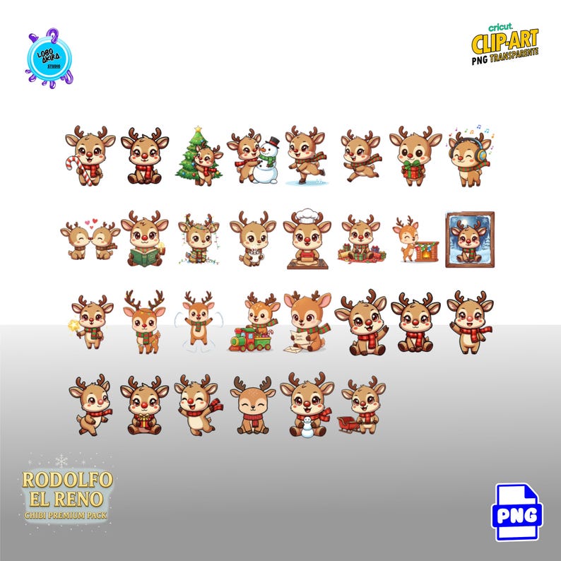 Pack of 30 PNG Chibi Premium Rudolph the Christmas Reindeer S1 Digital ...