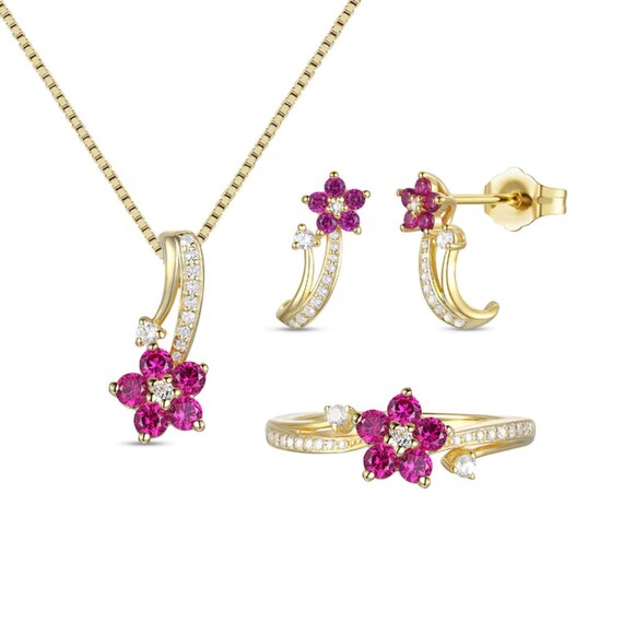 Lab-Created Ruby Flower Vine Three-Piece Set – !4… - image 1