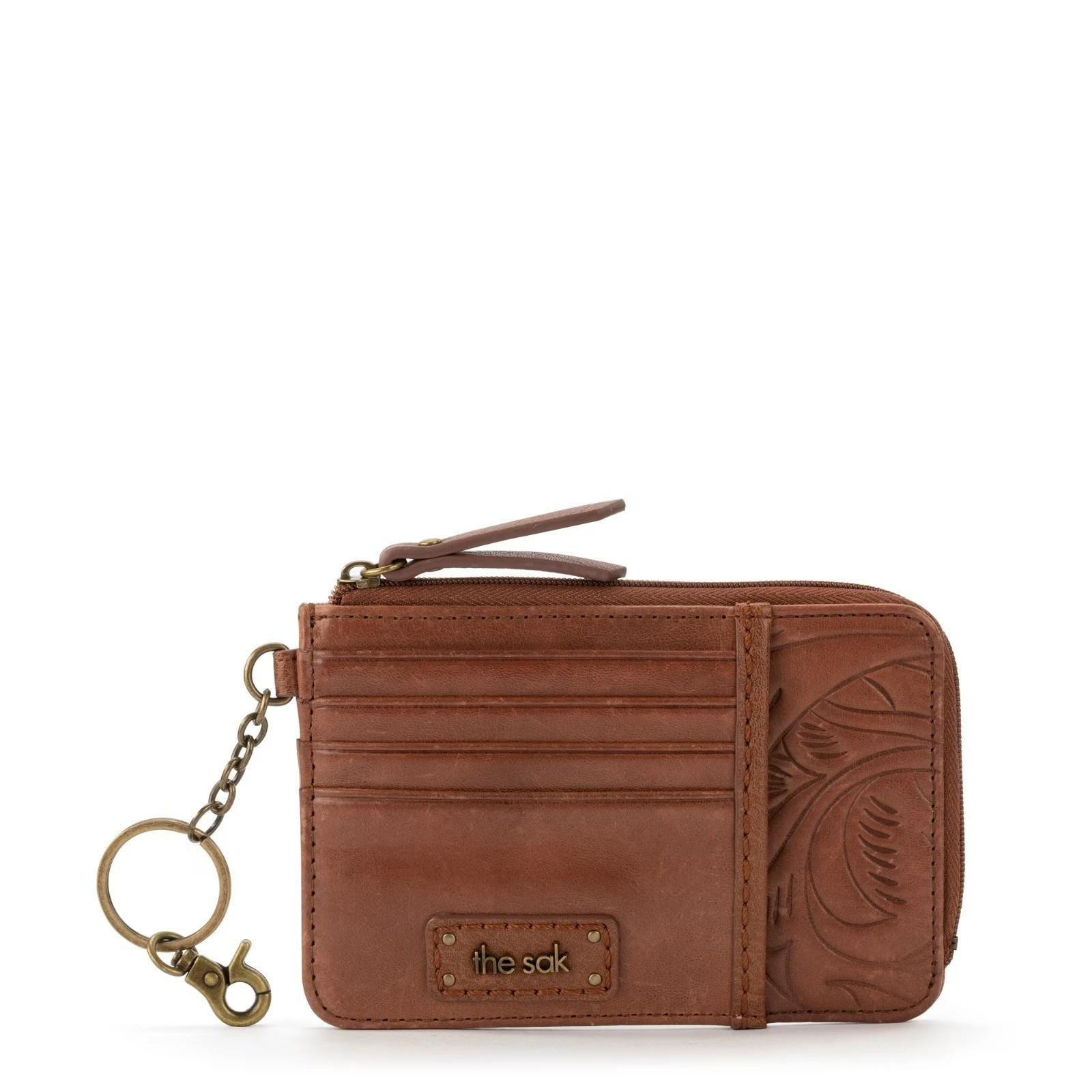 The Sak Brown Leather Iris Teak Leaf Embossed Slotted Card Travel Wallet