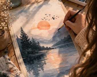 Sunset Lake Watercolor Print, Mountain Landscape Art, Peaceful Reflection (Digital Download)