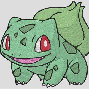 May include: Embroidered image of a Bulbasaur, a green, plant-like Pokémon with red eyes and a smiling expression. The design features detailed stitching, showcasing the character's features, including its bulb and spots.