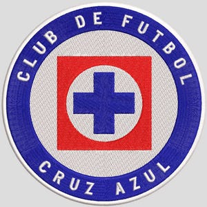 May include: A circular embroidered patch featuring a blue border with the white text CLUB DE FUTBOL CRUZ AZUL. The center contains a red square with a white circle and a blue cross symbol inside. The design is stitched with a white outer edge.