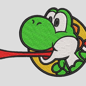 May include: Embroidered patch featuring Yoshi, a green dinosaur character with a long red tongue, from the Super Mario video game series. The design is outlined in black and set against a yellow and orange background.