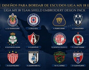 LIGA MX PACK - 18 Shield Designs for Embroidery, in 3 Different Sizes