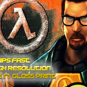 Può includere: Un poster con un uomo con occhiali e pizzetto, su uno sfondo arancione e verde. L'immagine include il simbolo Lambda e il testo "SHIPS FAST", "HIGH RESOLUTION" e "11 X 17 GLOSS PRINT".