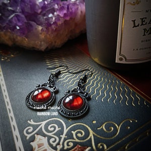 Lust Gothic Earrings, Vampire black jewelry, Dragon red gem cameo, Black filigree, Witch accessories, Celtic, Pagan, Halloween, Victorian image 2