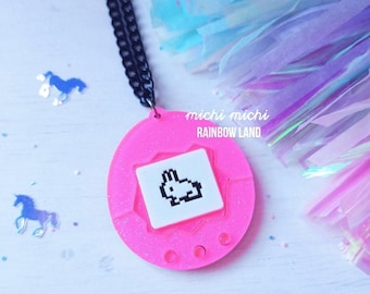 Tamagotchi, Virtual Pet, Bunny, Glitter Pink, Kawaii, Acrylic, Nostalgia Necklace, OOAK, Keyring, 90s, Kid Toy, Gaming, Laser Cut, Japanese