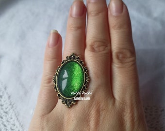 Elf gothic ring, Absinthe green jewelry, Bronze big ring, Vampire pendant, Dark Cameo, Victorian oval jewelry, Adjustable ring, Bow