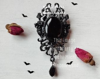 Bella Italia Black Brooch | Onyx Crystal, Vampire Pin, Men Costume, Renaissance, Victorian Jewel, Witch, Baroque, Elf Jewelry, Black Lace