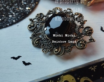 Black Onyx Bronce Brooch | Vampire Crystal, Gothic Oval Jewelry, Romantic Wedding, Halloween Pin, Men Brooch, Elegant Badge, Antique Costume