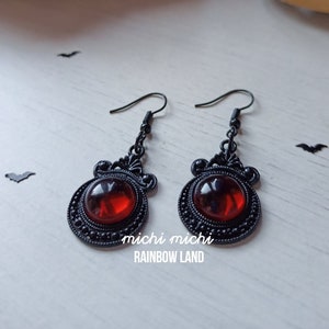 Lust Gothic Earrings, Vampire black jewelry, Dragon red gem cameo, Black filigree, Witch accessories, Celtic, Pagan, Halloween, Victorian image 4