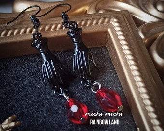 Witch Hand Black Earrings, Gothic red gem, Victorian jewelry, Romantic, Medieval, Halloween gift, Pagan pendant, Occult, Dark accesories