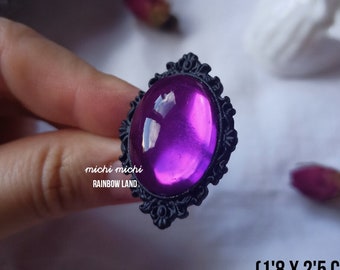 Purple Fairy Gothic Ring, Vampire jewel, Victorian cameo, Black filigree, Adjustable band, Magical, Witch clothing, Halloween, Fantasy gift