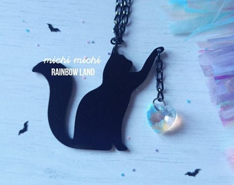 Black Cat, Cat Toy, Cat Lover, Salem, Halloween, Witch Pet, Neko, Good Luck, Acrylic Necklace, Hologram Heart, Animal Lover, Kawai, Necklace