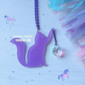 Purple Kitten, Glitter Purple, Cat Mom, Acrylic Necklace, Cat Playing, Animal Love, Kawaii Pendant, Neko, Pastel Goth, Birthday, Unique Gift image 1