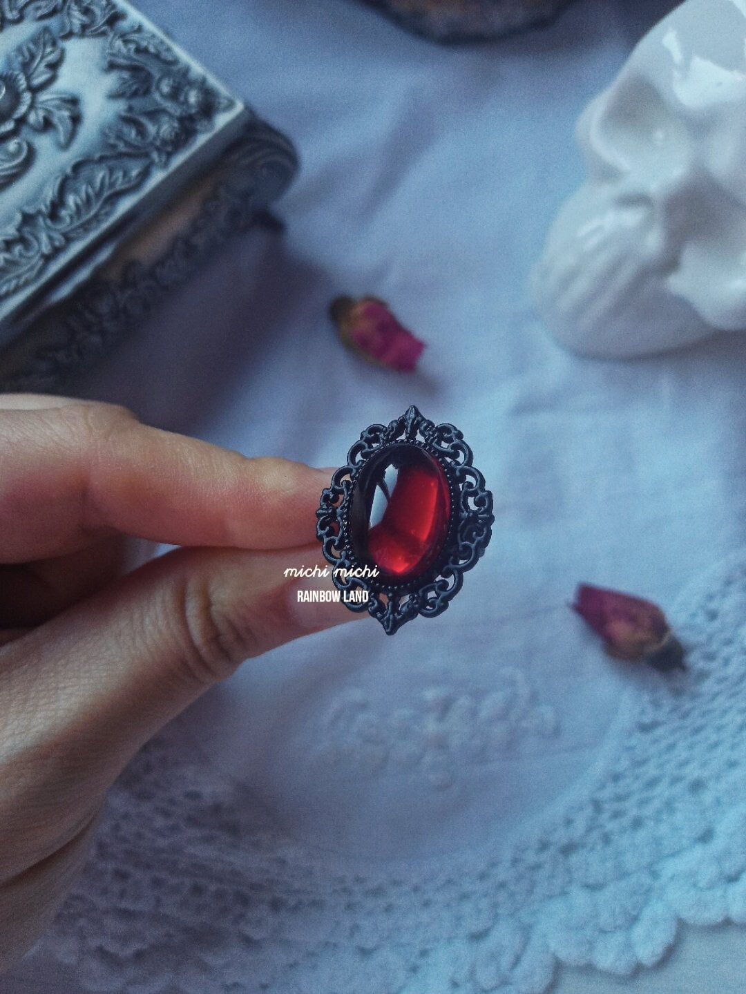 Metallic Red Gem Ring Black Adjustable Band Oval Jewelry Etsy