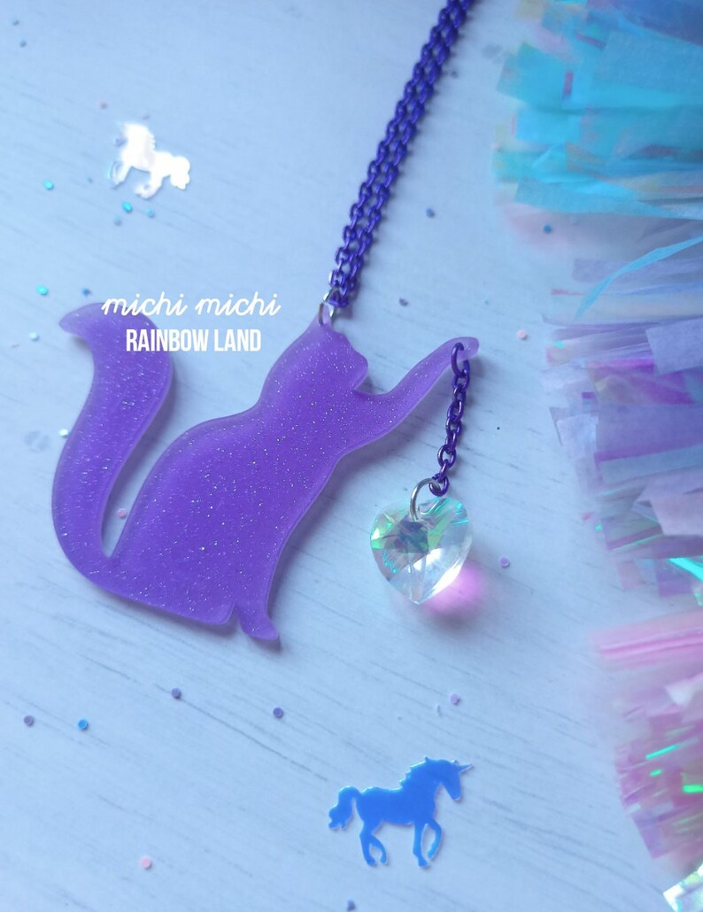 Purple Kitten, Glitter Purple, Cat Mom, Acrylic Necklace, Cat Playing, Animal Love, Kawaii Pendant, Neko, Pastel Goth, Birthday, Unique Gift image 3