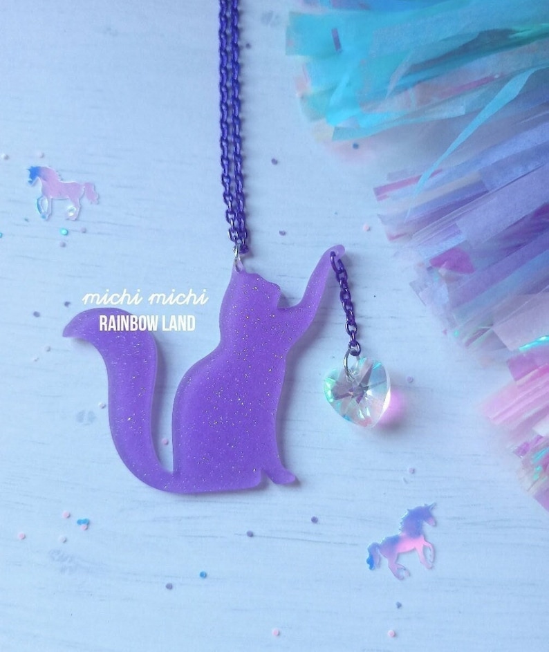 Purple Kitten, Glitter Purple, Cat Mom, Acrylic Necklace, Cat Playing, Animal Love, Kawaii Pendant, Neko, Pastel Goth, Birthday, Unique Gift image 1