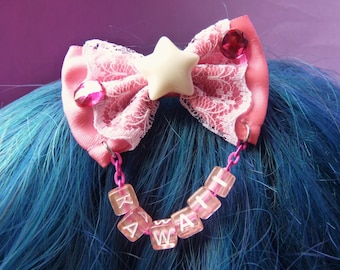 Pink Pastel Kawaii Stars Lolita Filigree Bow Hair Clip, Pink Stars, Cute Princess, Pink letters, Custom Word, Original Bow, Personalized