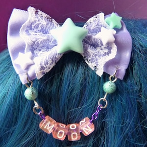 Purple n Mint Pastel Moon Stars Bow Hair Clip, Witch, Zodiak, Horoscope, Pastel goth Purple, Custom Word, Personalized gift, Christmas gift