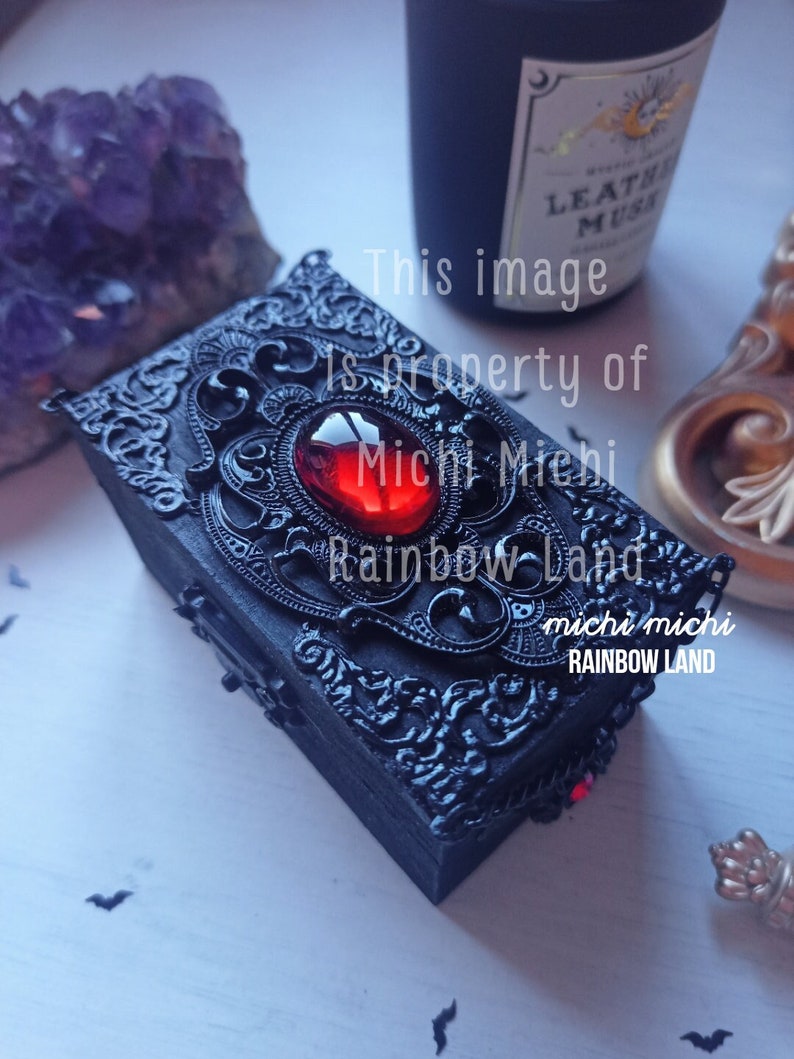 Countess Bathory Box Gothic Mini Chest, Vampire Fang, Blood, Victorian, Wedding Ring Box, Medieval Jewelry, Witch, Ooak Box, Garnet Siam image 5