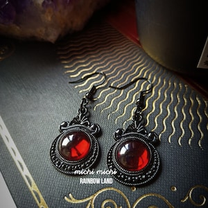 Lust Gothic Earrings, Vampire black jewelry, Dragon red gem cameo, Black filigree, Witch accessories, Celtic, Pagan, Halloween, Victorian image 3