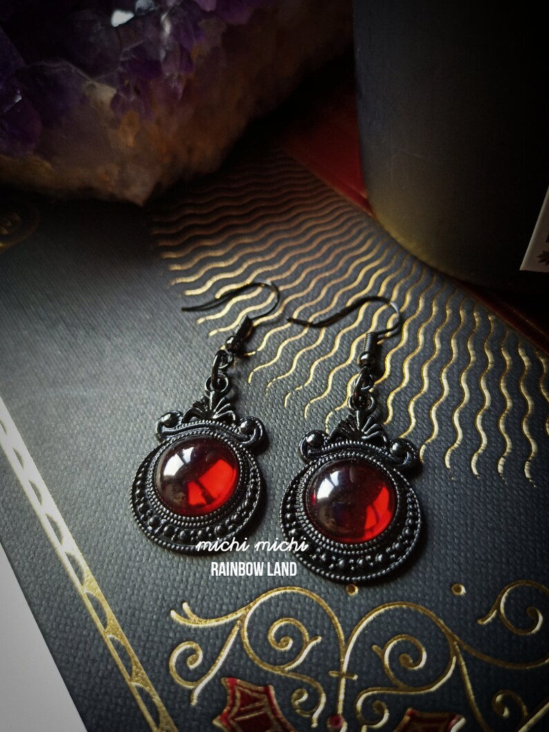 Lust Gothic Earrings, Vampire black jewelry, Dragon red gem cameo, Black filigree, Witch accessories, Celtic, Pagan, Halloween, Victorian image 3