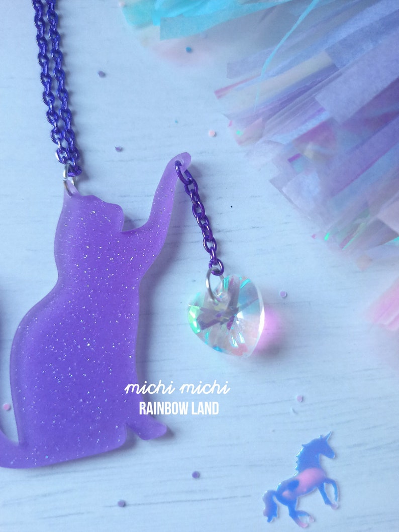 Purple Kitten, Glitter Purple, Cat Mom, Acrylic Necklace, Cat Playing, Animal Love, Kawaii Pendant, Neko, Pastel Goth, Birthday, Unique Gift image 2