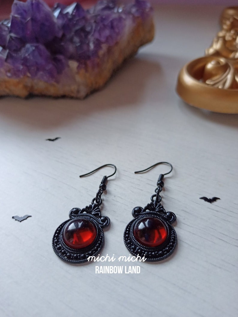 Lust Gothic Earrings, Vampire black jewelry, Dragon red gem cameo, Black filigree, Witch accessories, Celtic, Pagan, Halloween, Victorian image 4