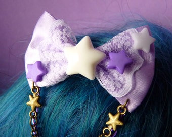 Purple / Dark Purple Pastel Stars Bow, Cute gift, Dark decor, Pastel Goth, Creepy Cute, Otaku, Anime, Goth Bow, Witch Bow, Cute hair clip